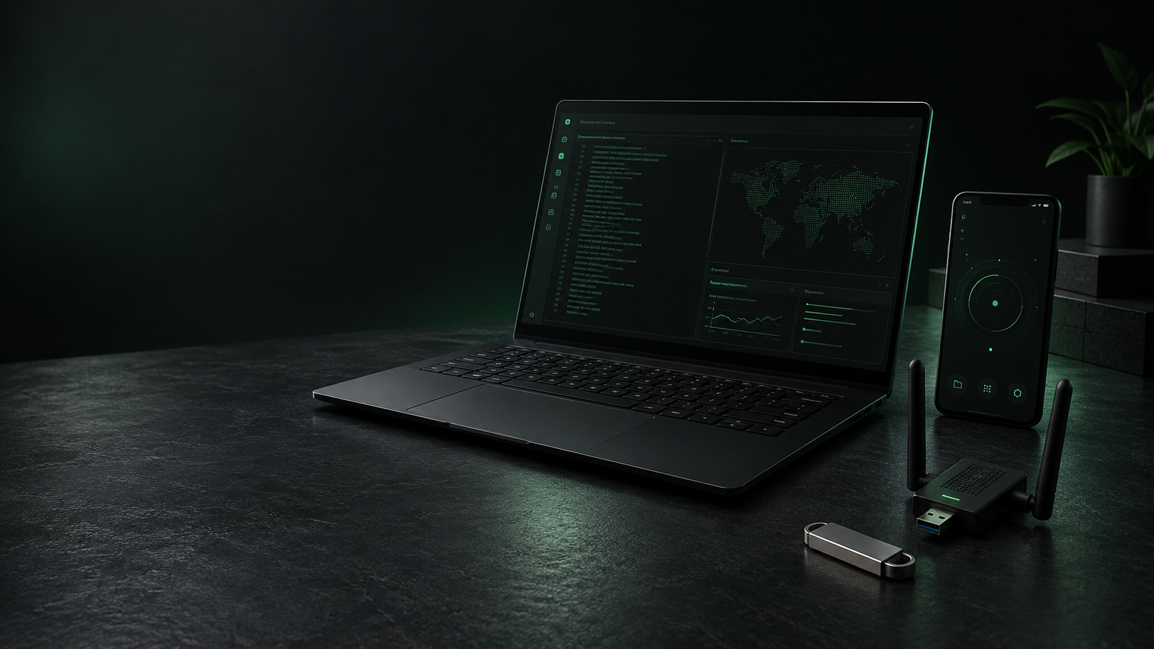 Illustrative studio arrangement of a laptop, Android phone, Wi-Fi adapter and USB drive