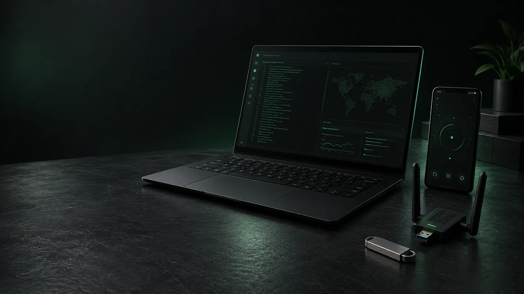 Illustrative studio arrangement of a laptop, Android phone, Wi-Fi adapter and USB drive