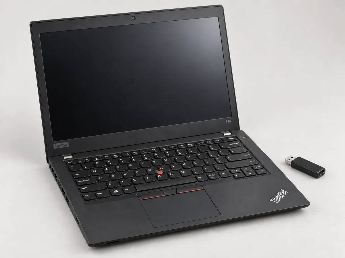 AI-generated illustration: Lenovo ThinkPad T480 with one removable USB boot drive